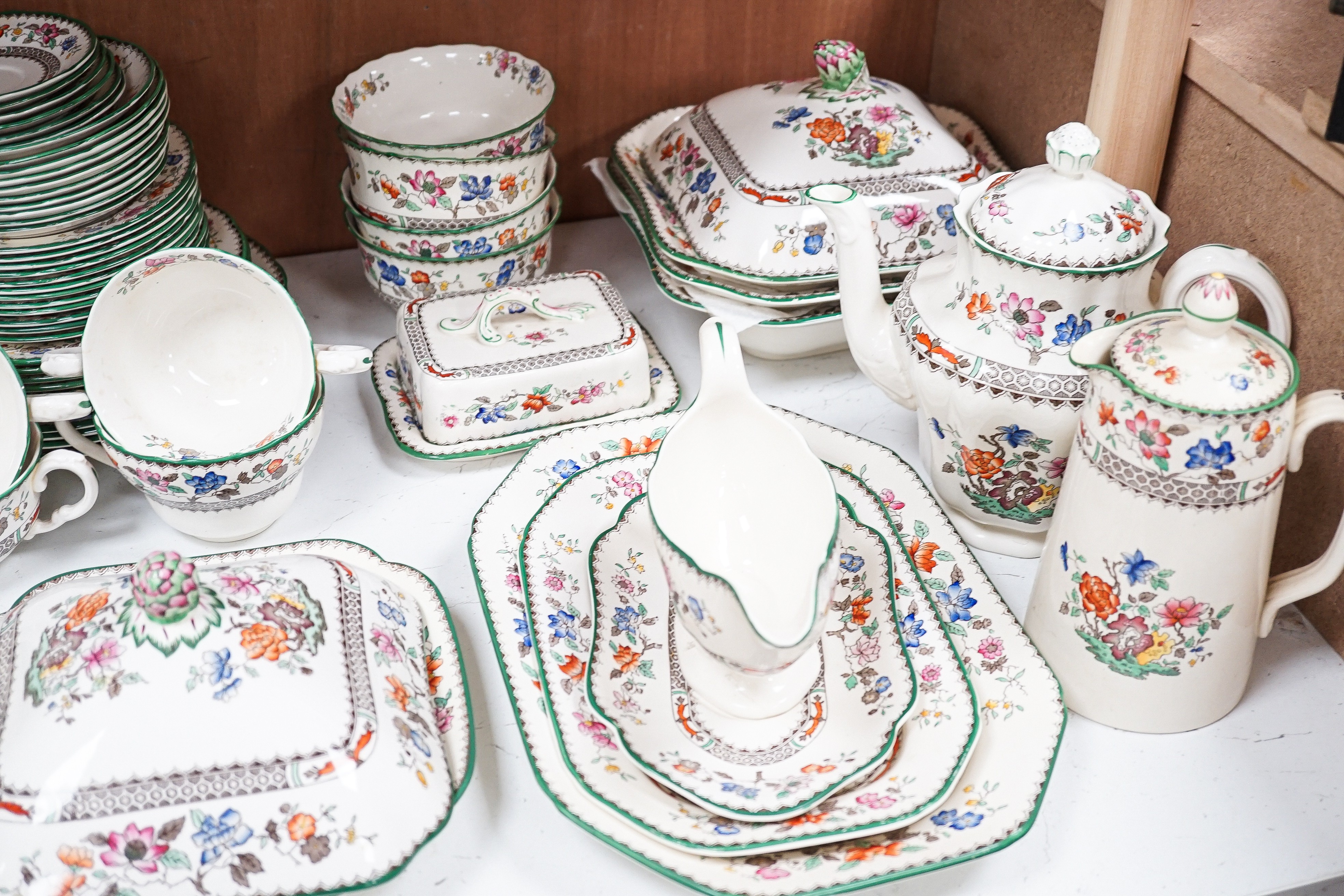 A Copeland earthenware dinner, tea and coffee service, Chinese rose pattern